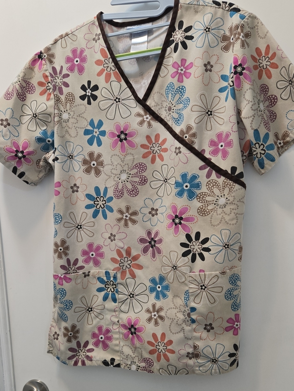 SB Scrubs Floral Wrap Scrub Top in Beige with Pink, Blue & Brown Flowers
